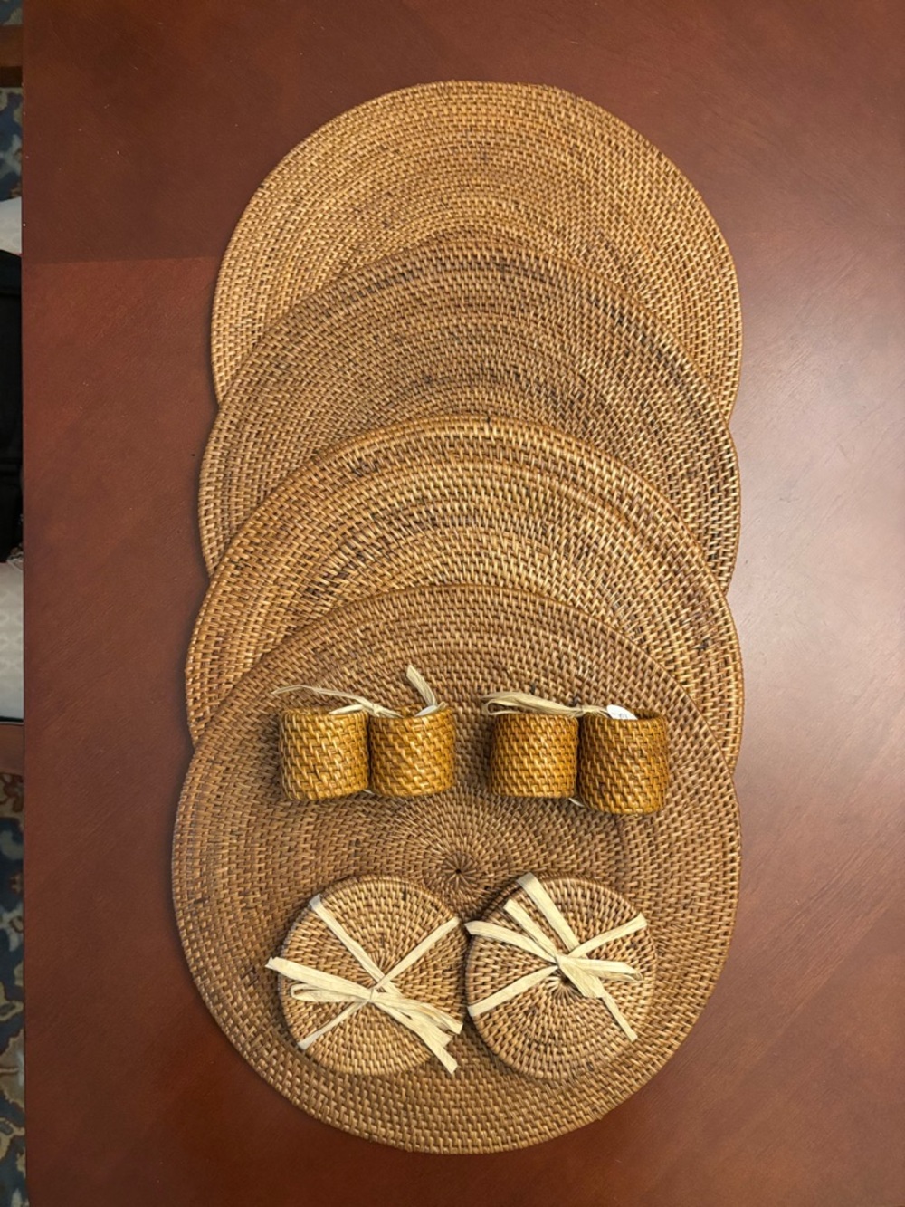 Woven Rattan Round Placemats with Napkin Rings and Coasters - Natural Brown